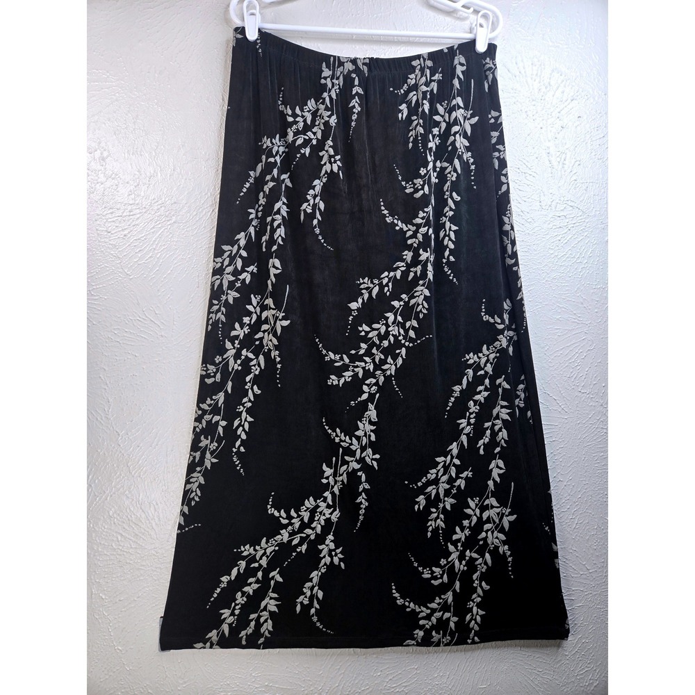 VTG Floral A Line Maxi Skirt L Black White Leaf Print Slinky Long Fairy Grunge